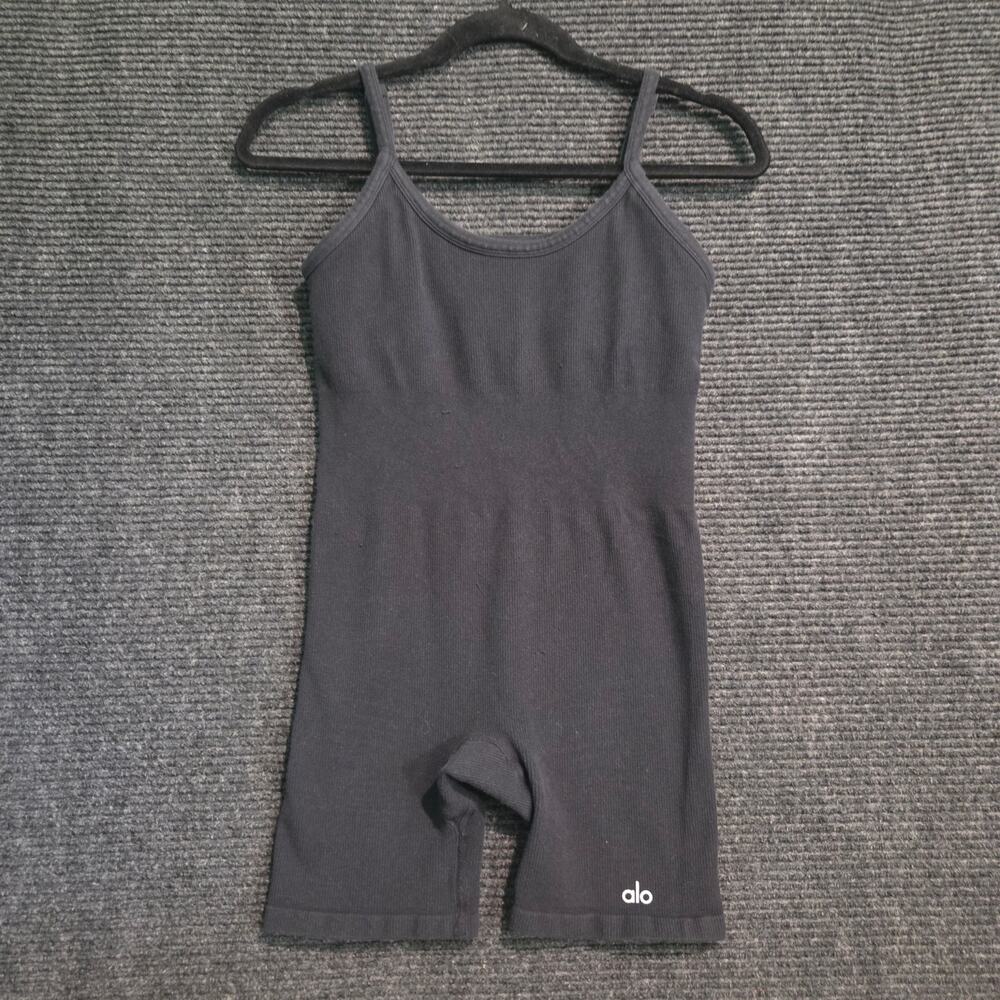 ​Alo Yoga Black Ribbed Seamless Biker Short Onesie Romper Adjustable Straps S